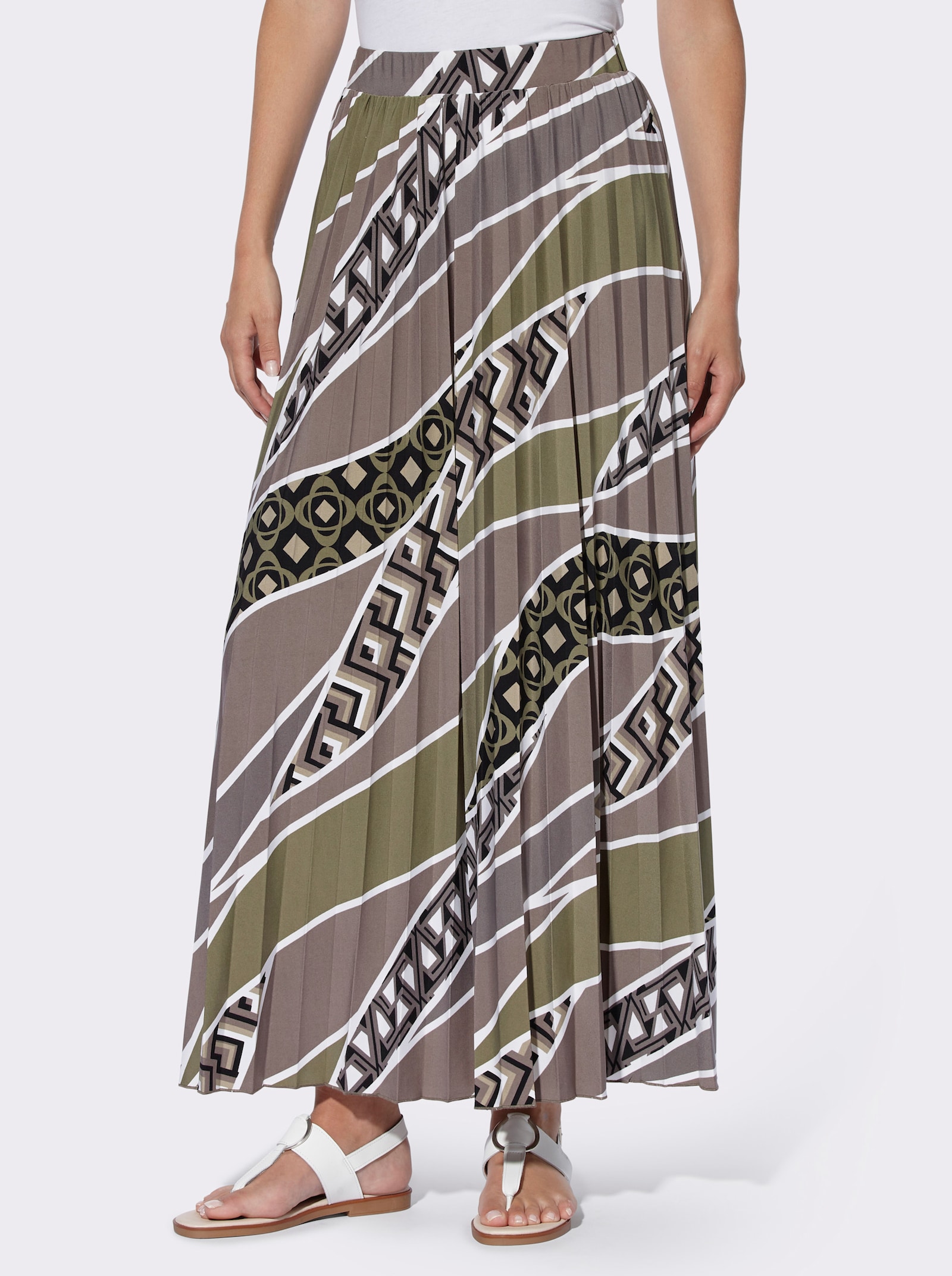 heine Plisseerock mit Sonnen-Plissee - khaki-dunkeltaupe-bedruckt