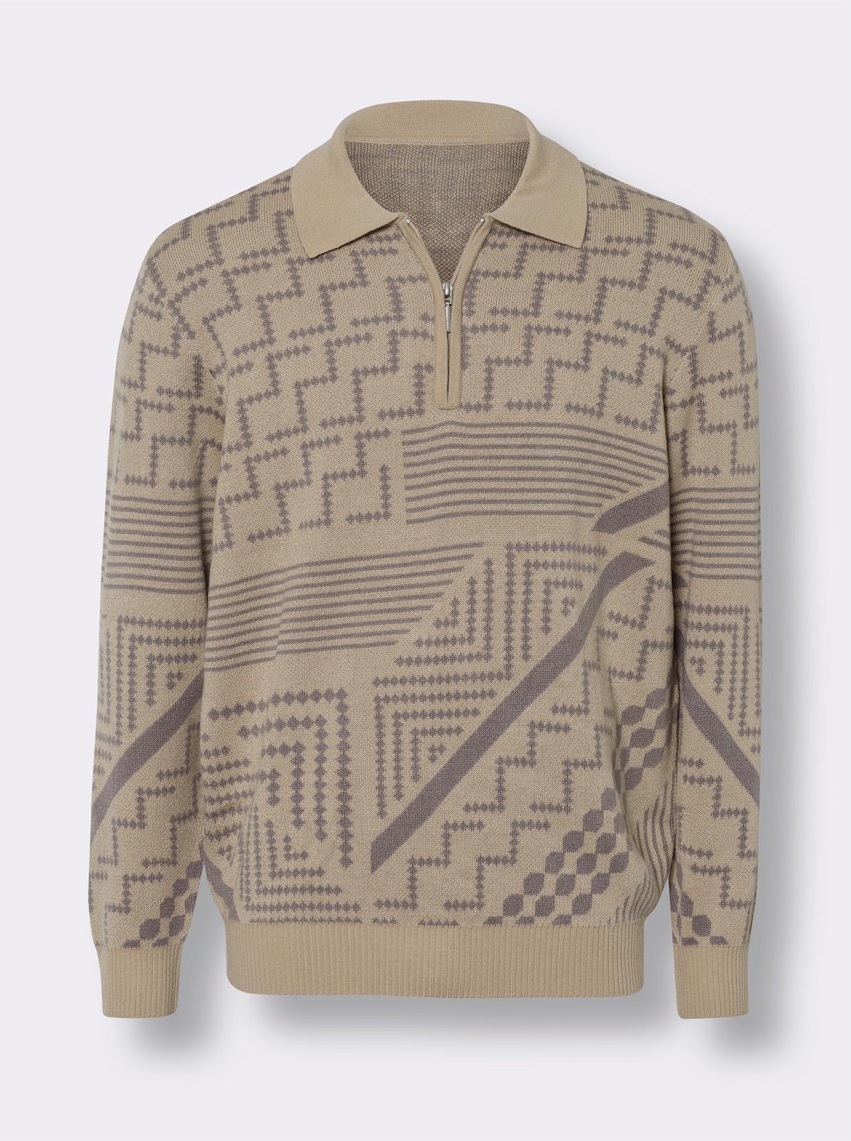 Polopullover - beige-grau-gemustert