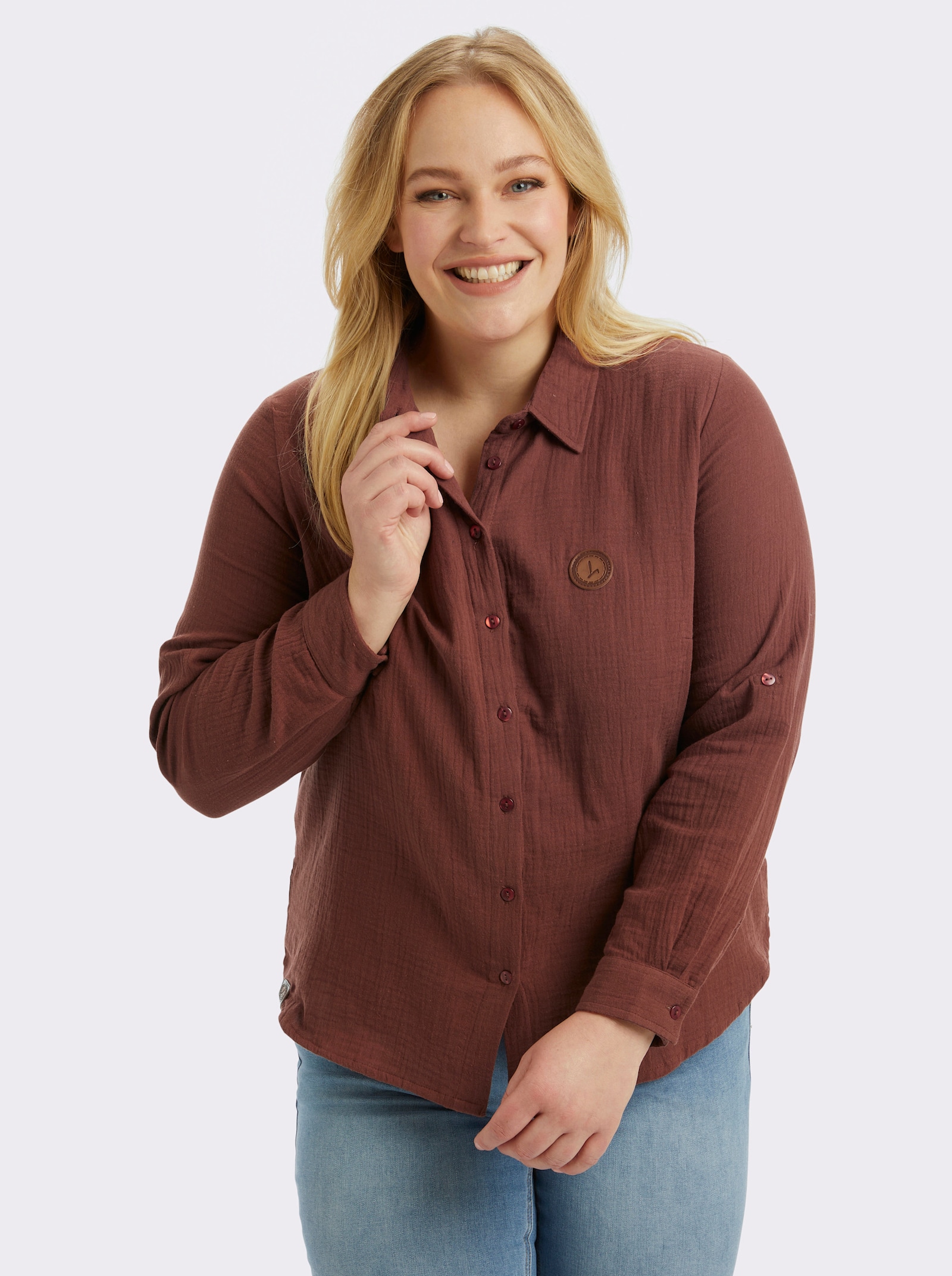 Baumwollbluse mit krempelbaren Ärmeln - rotbraun