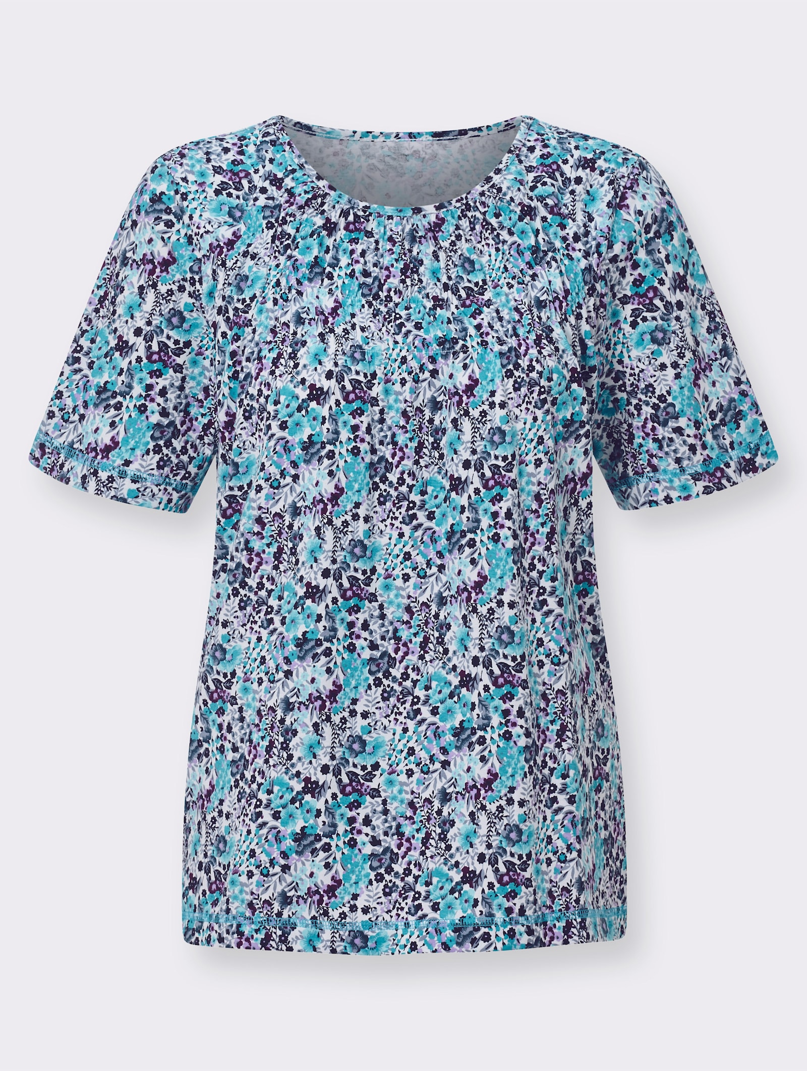 Tričko, kr.ruk., riasenia - Bielo-tyrkysová potlač