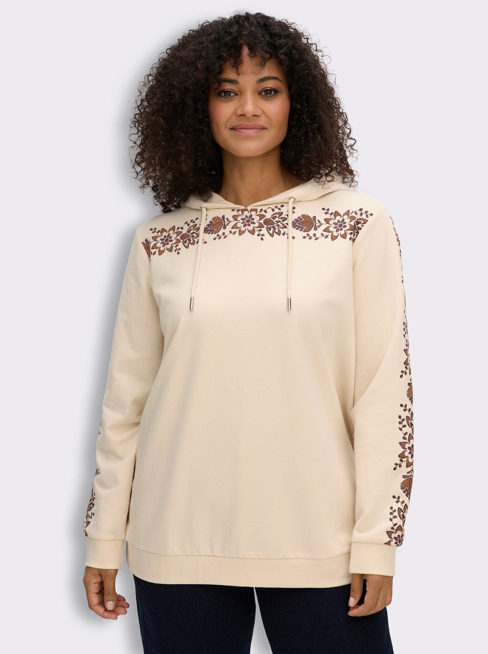 sheego Kapuzensweatshirt mit Blumenprint - elfenbein-cognac-bedruckt