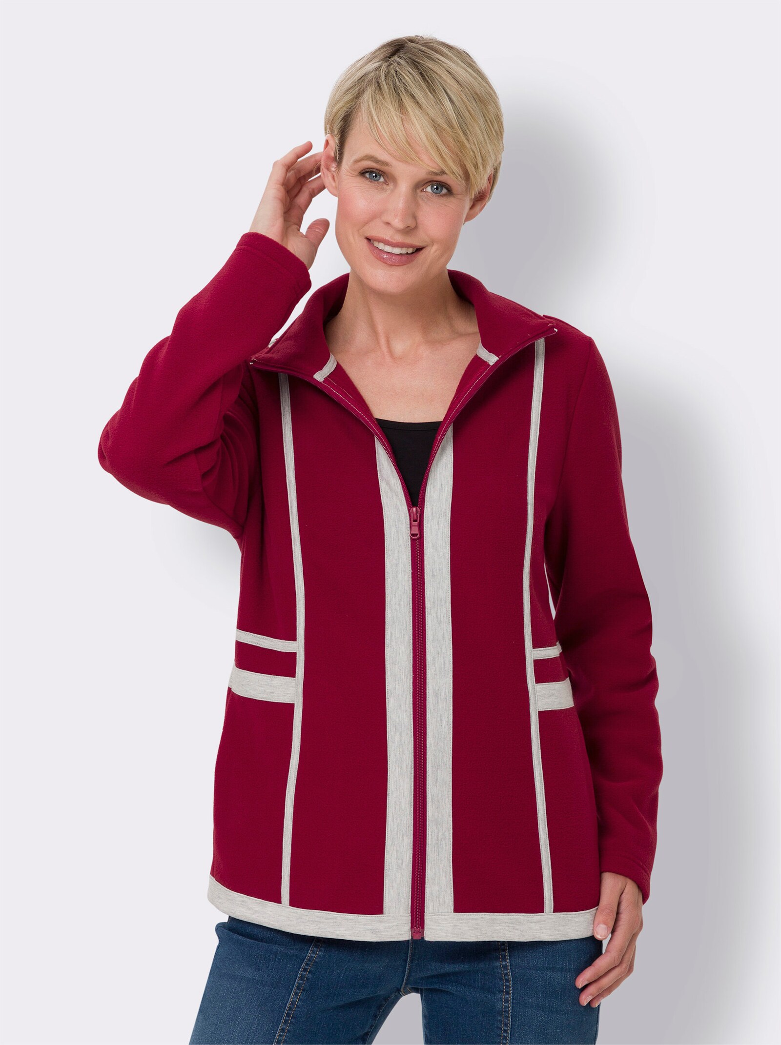 Fleecová bunda s kontrastními paspulkami - třešňová