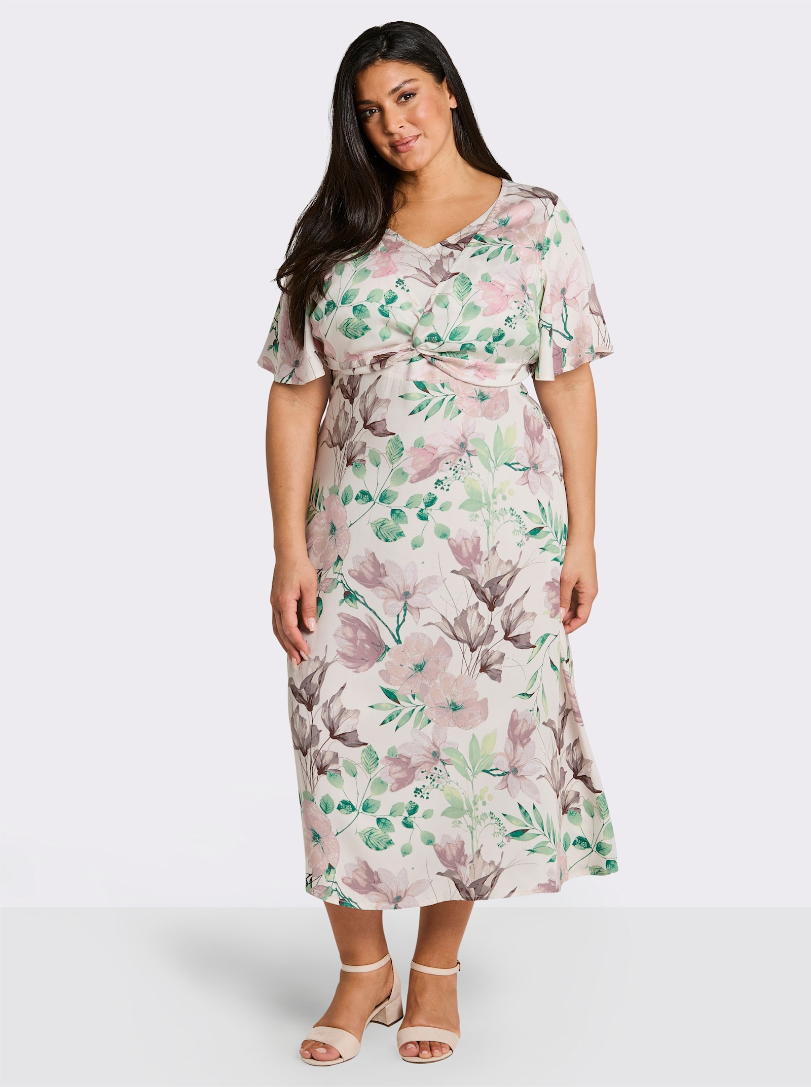 sheego Blumenkleid mit Flügelärmeln und Knotendetail - champagner-puder-bedruckt