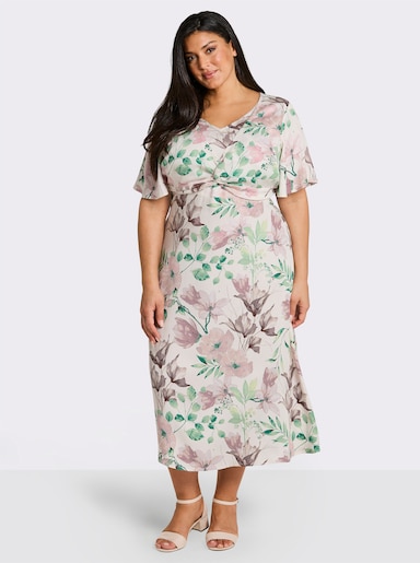 sheego Blumenkleid mit Flügelärmeln und Knotendetail - champagner-puder-bedruckt