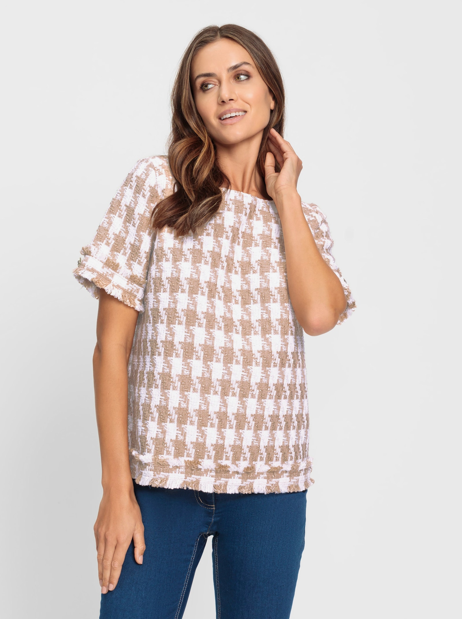 heine Blouse met korte mouwen en pepitapatroon - ecru/camel/pepita