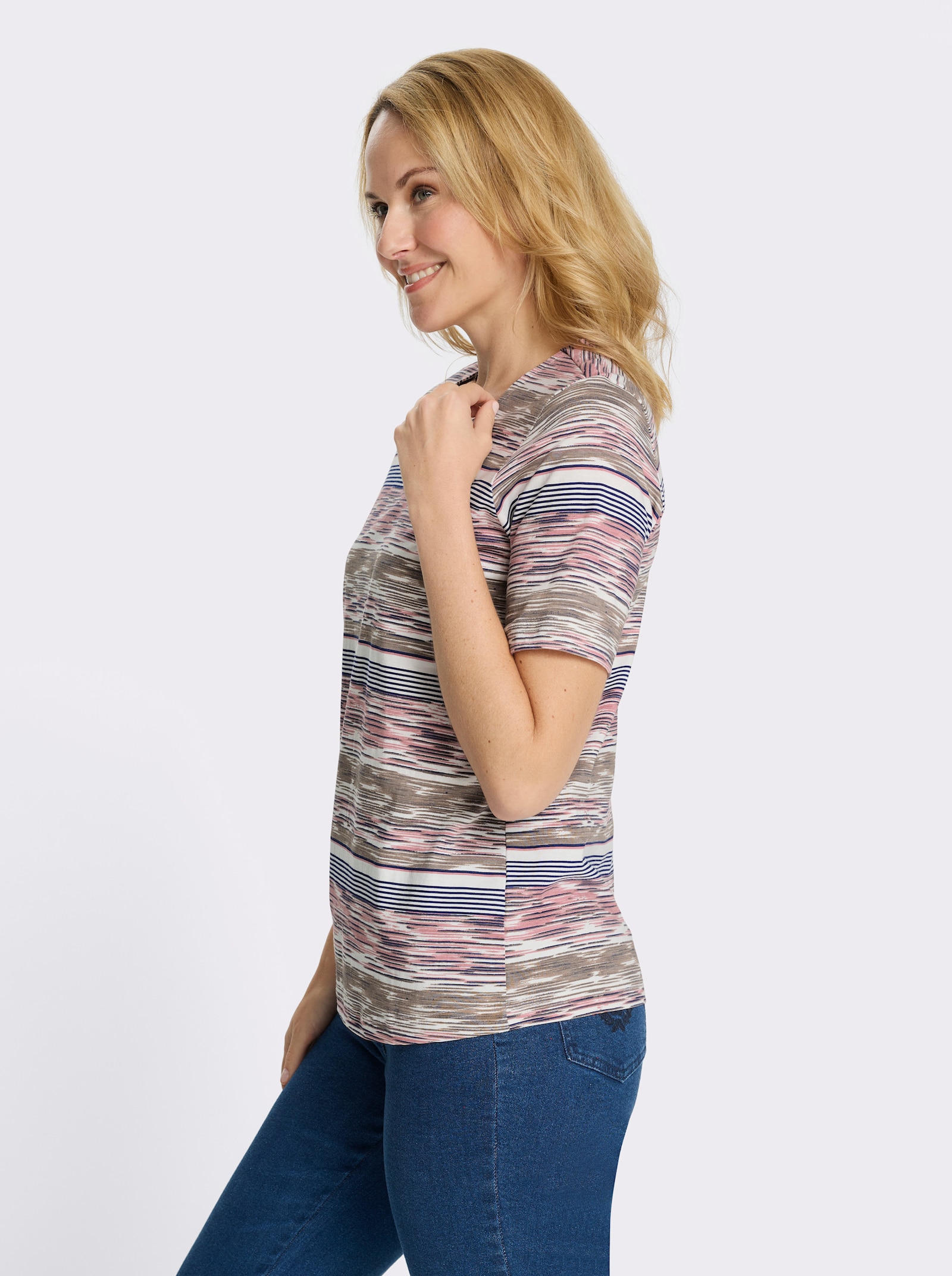 Kurzarmshirt mit Ringel-Druck rundum - flamingo-ecru-bedruckt