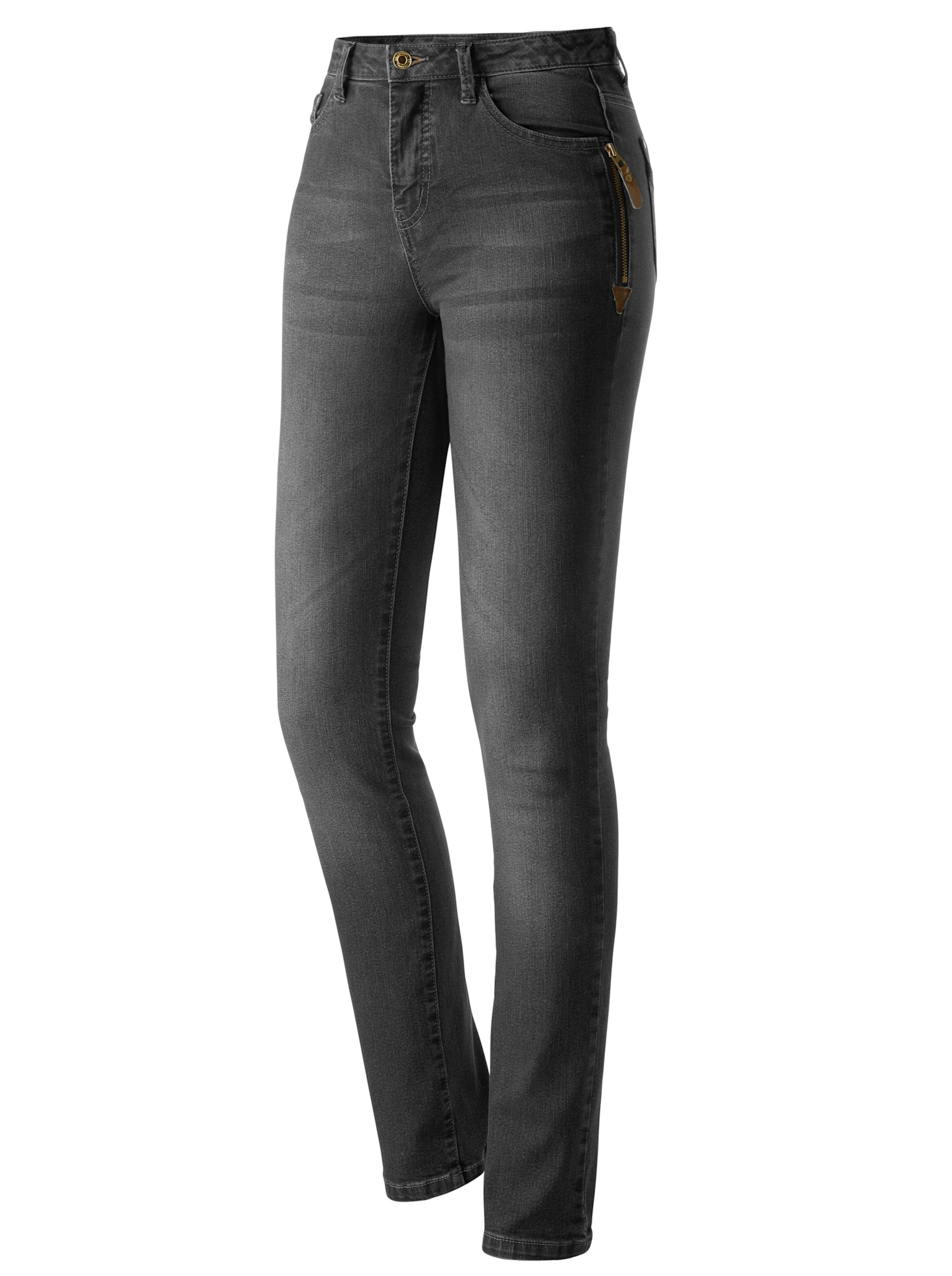 Witt Damen 5-Pocket-Jeans mit Reißverschluss und Lederimitat-Anhänger, grey-denim