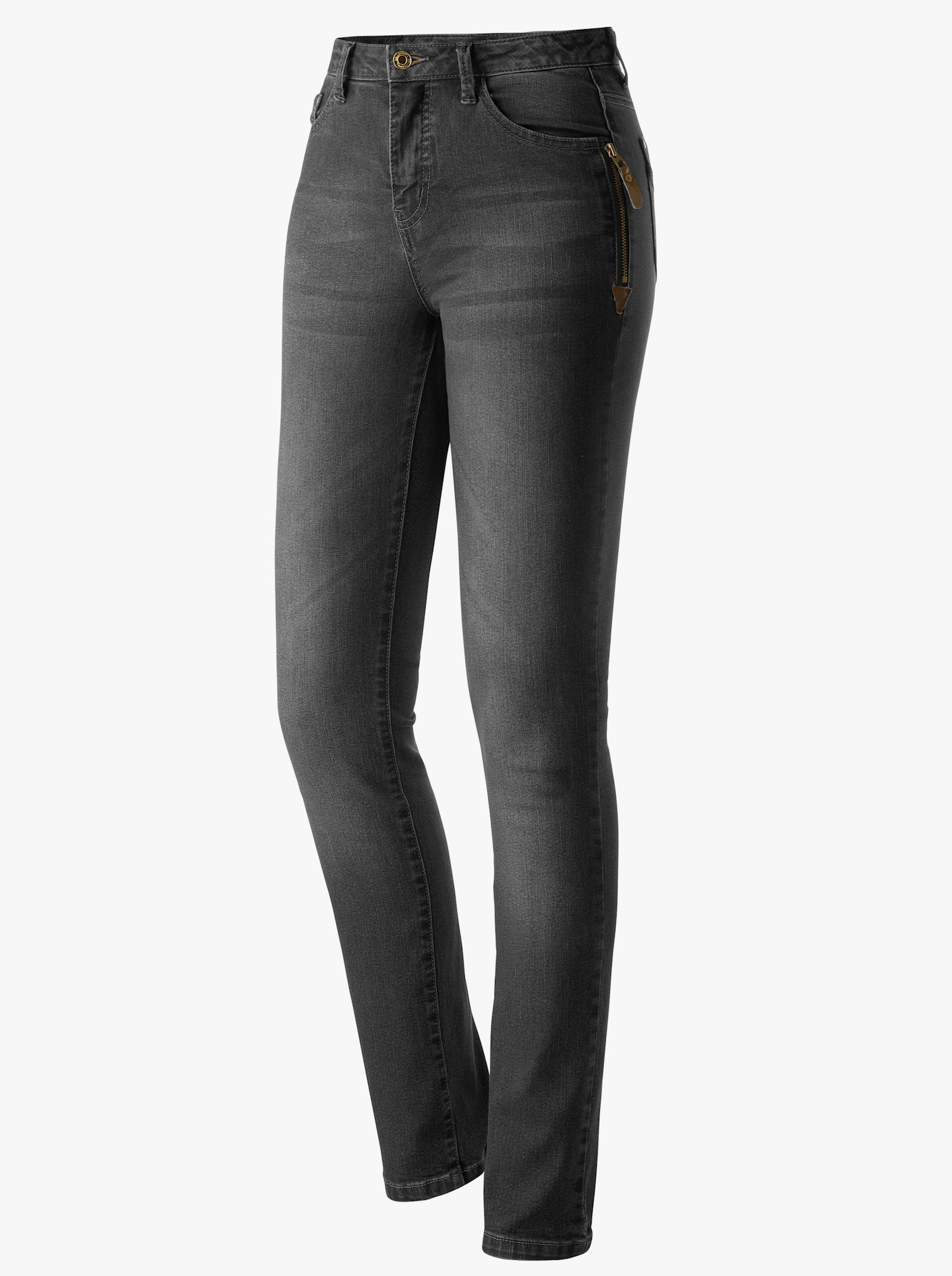 5-pocketjeans met ritssluiting en hanger van imitatieleer - grey-denim
