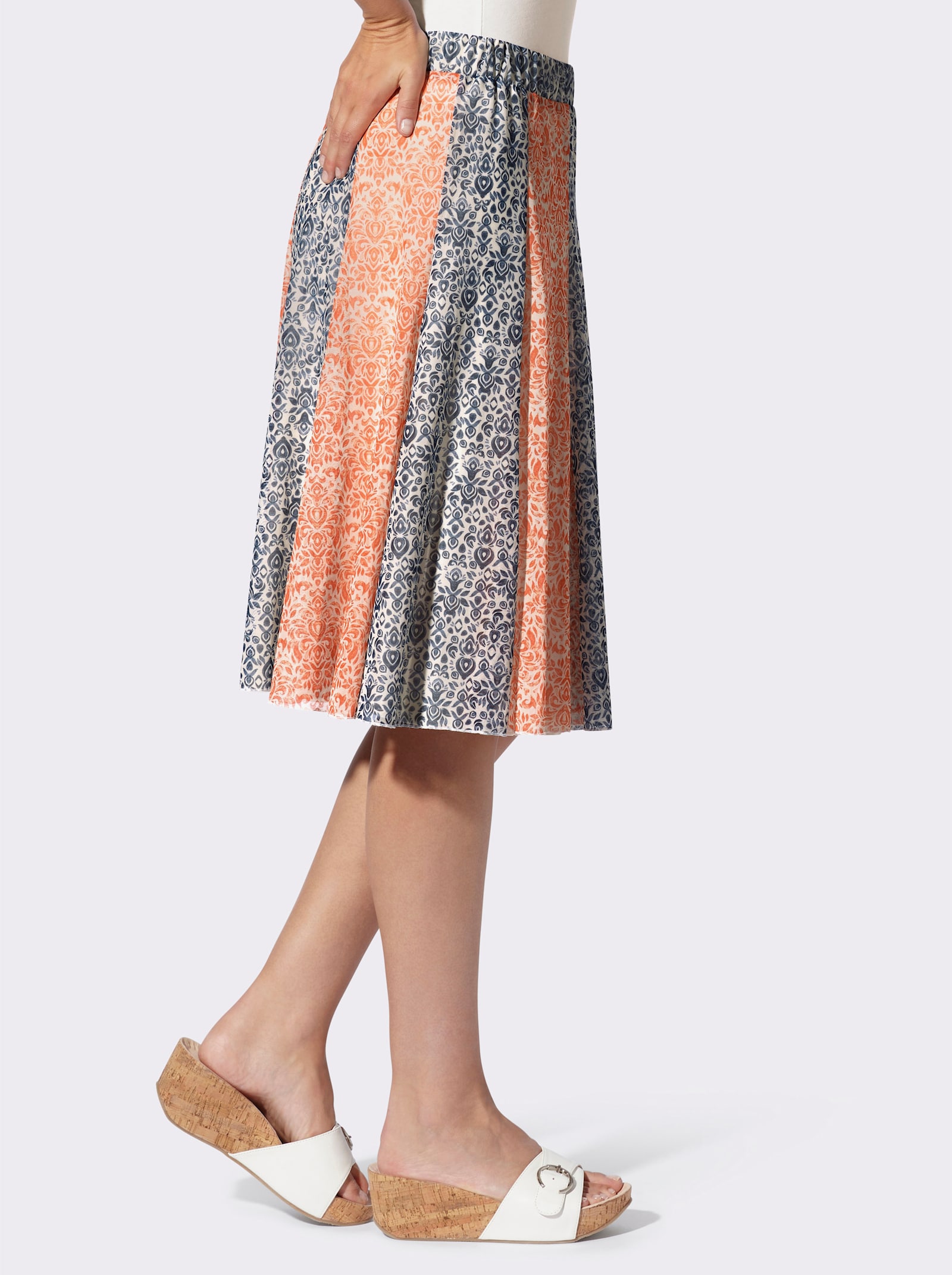 heine Bahnenrock in Mesh-Qualität - orange-taubenblau-bedruckt