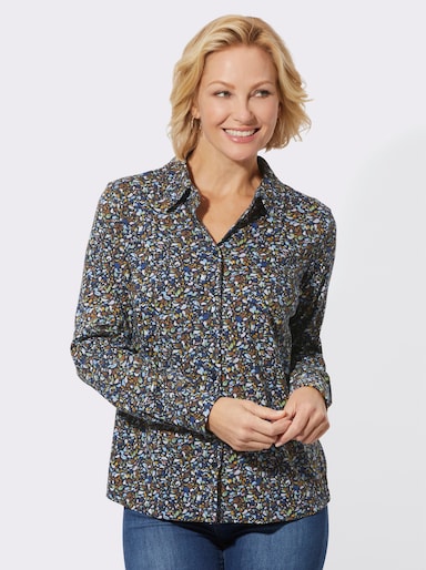 Jersey-Bluse in formstabiler Qualität - marine-altrosa-bedruckt