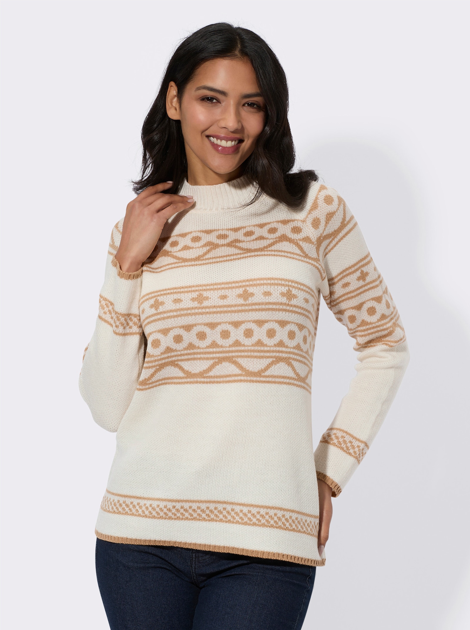 Stehkragenpullover mit Jacquardmuster - champagner-camel-gemustert