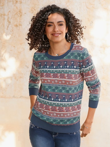 Jacquard-Pullover mit Rippbündchen - rauchblau-rosenholz