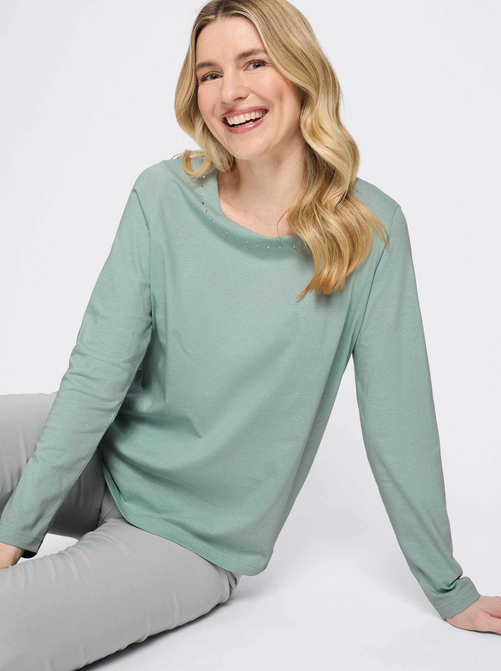 Langarmshirt mit Glitzersteinchen - kalkmint