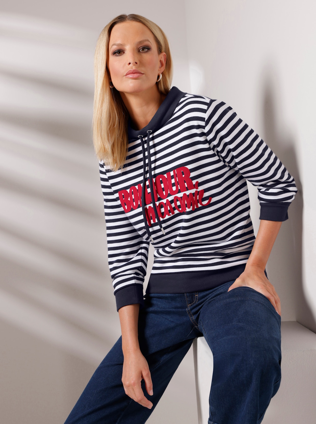 heine Sweatshirt - ecru-marine-bedruckt