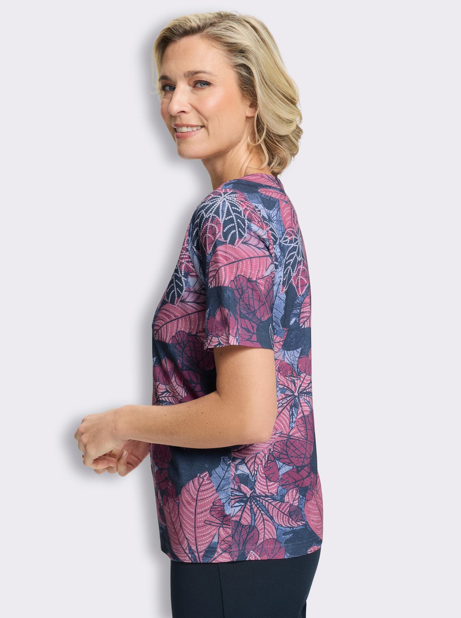 Shirt met ronde hals en bladpatroon rondom - jeansblauw/oudroze bedrukt
