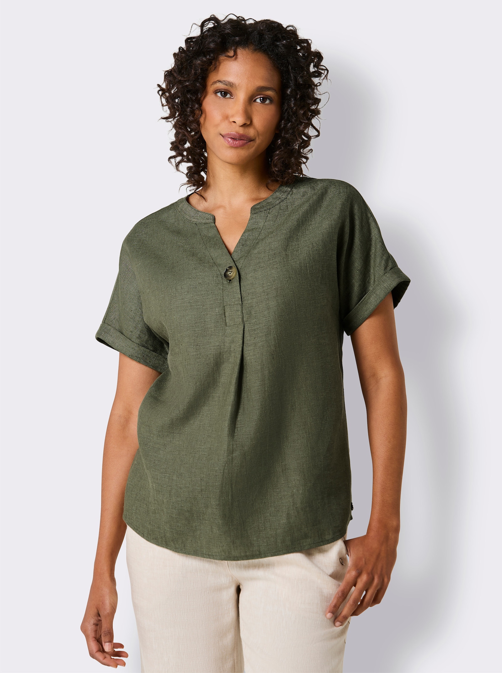 CREATION L PREMIUM Linnen blouse in A-lijn - kaki gemêleerd