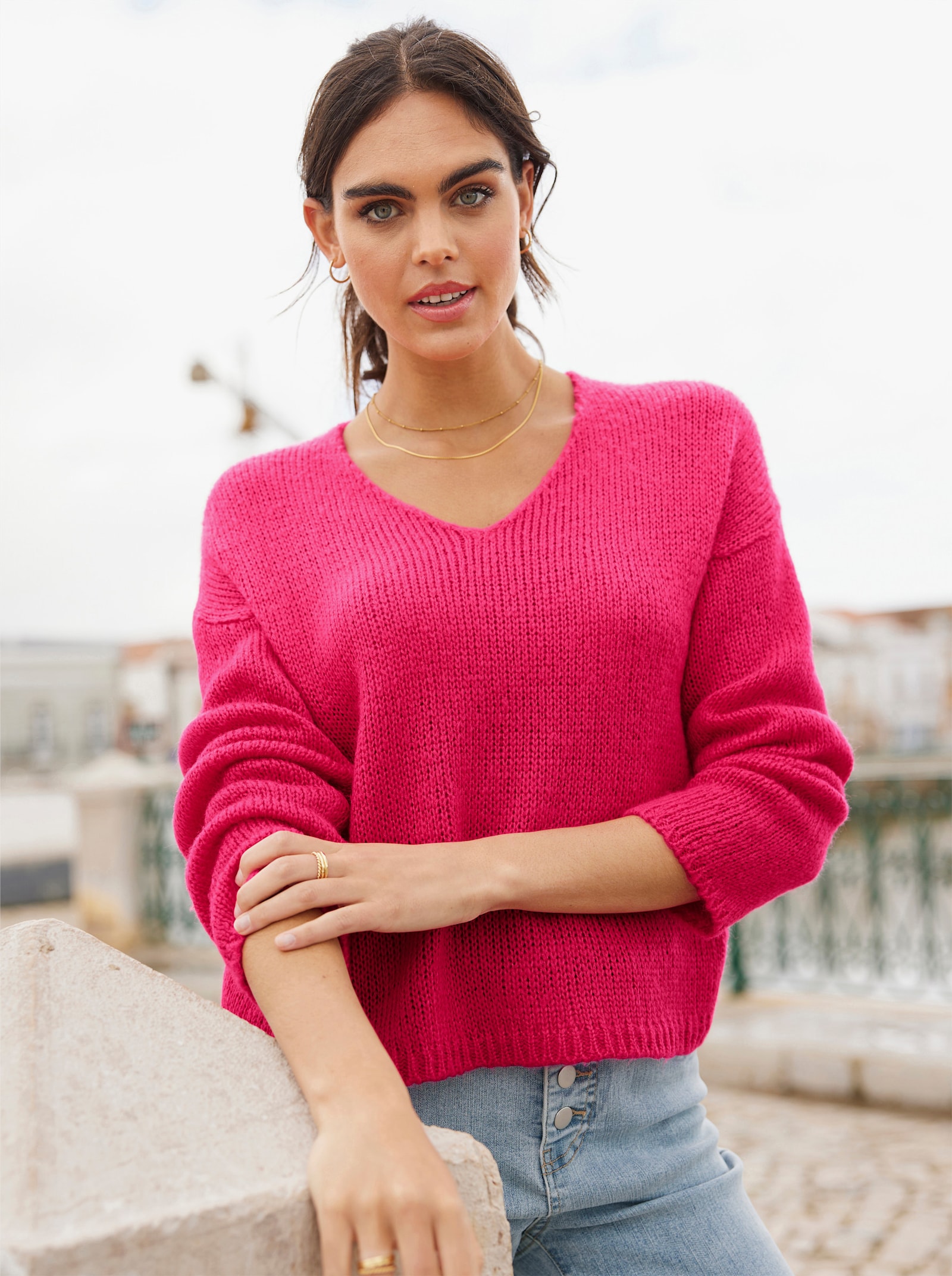 heine Pullover met V-hals en oversized schouders - pink