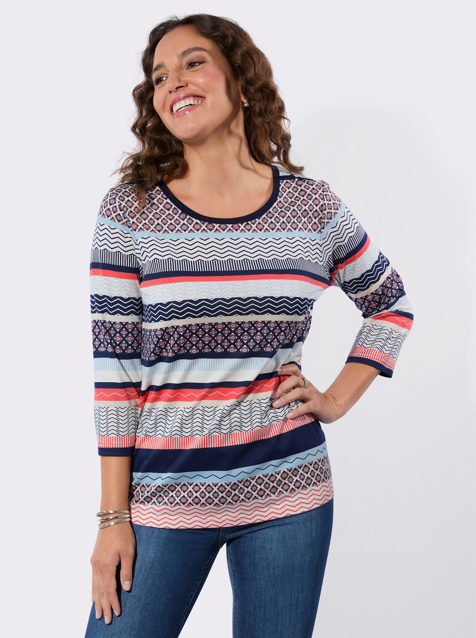 Shirt met print en afgeronde zoom - marine/grapefruit bedrukt