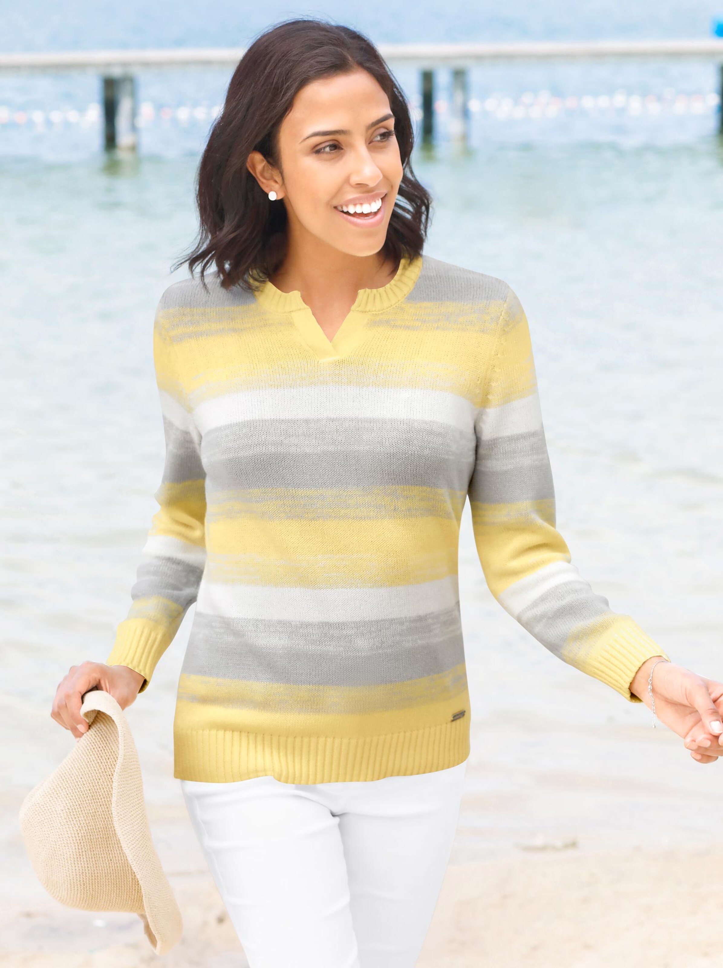 Damenmode Pullover Streifenpullover in gelb-grau-gestreift 