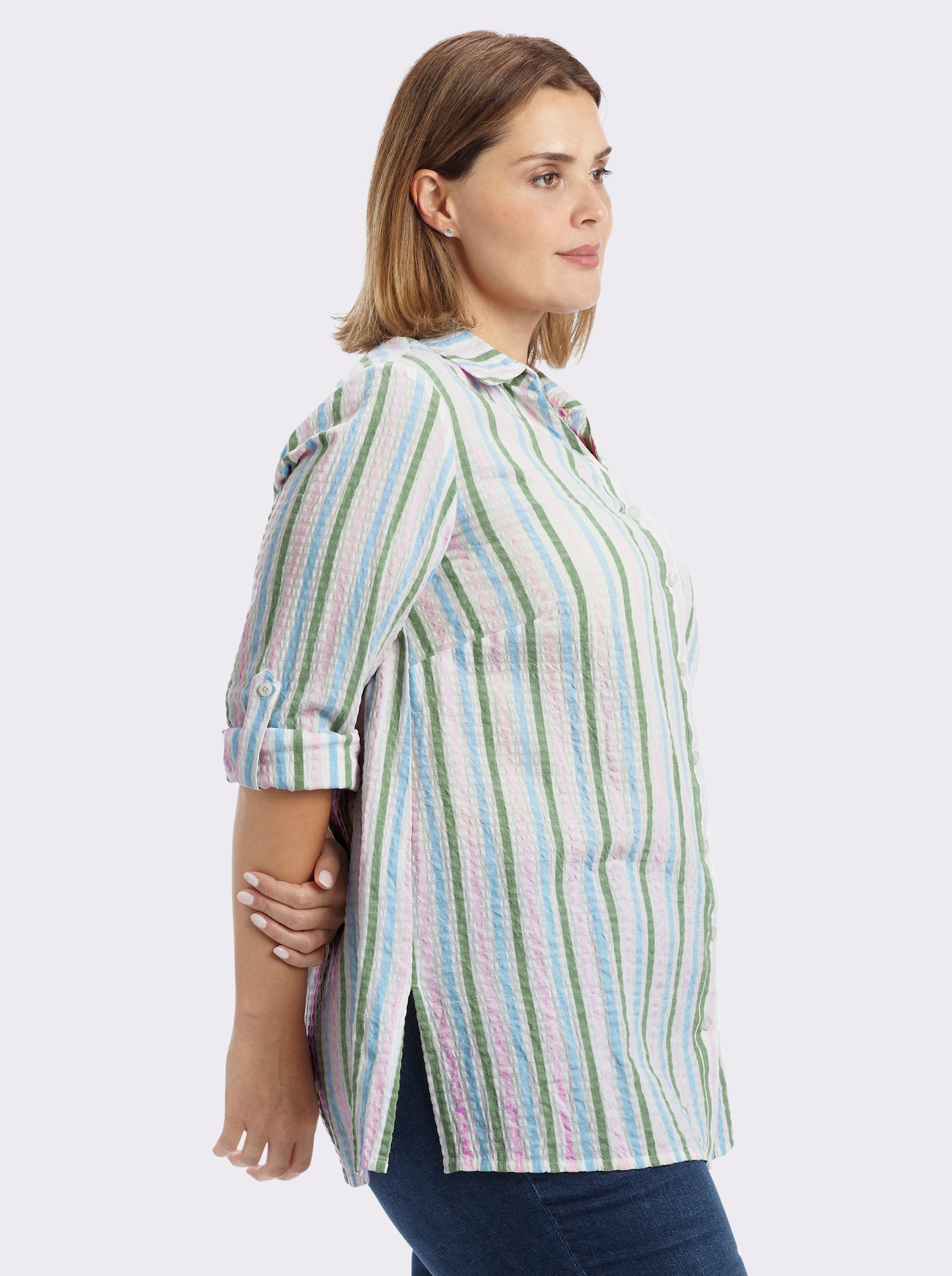 sheego Gestreifte Bluse in Seersucker-Qualität - weiß-hellrosé-gestreift