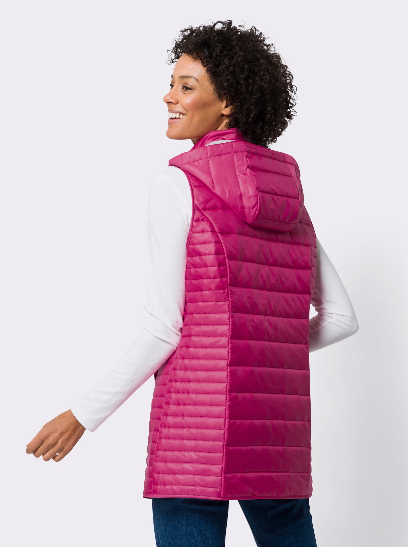 Lange bodywarmer van doorgestikt materiaal - fuchsia