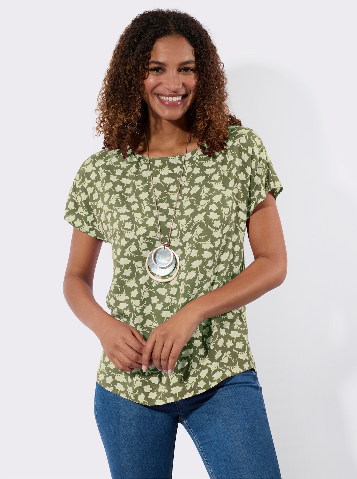 Blusenshirt - khaki-weiß-bedruckt
