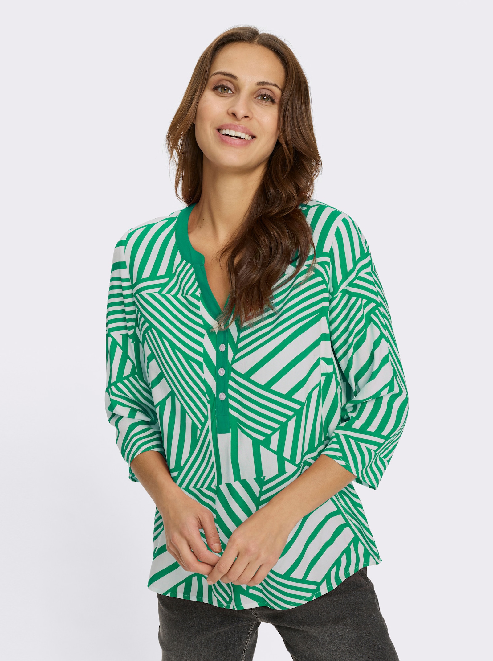 Schlupfbluse mit Falte hinten - grasgrün-weiß-bedruckt