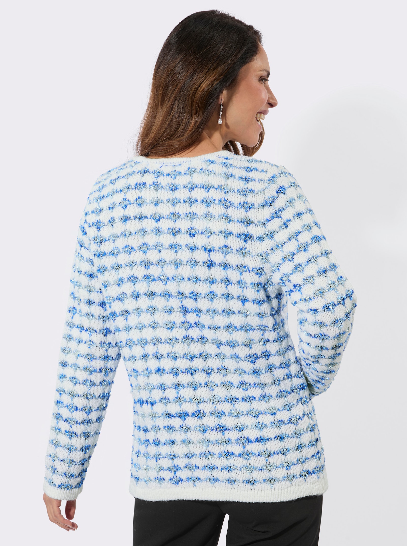 Cardigan aus Bouclé-Strick - ecru-rauchblau-meliert
