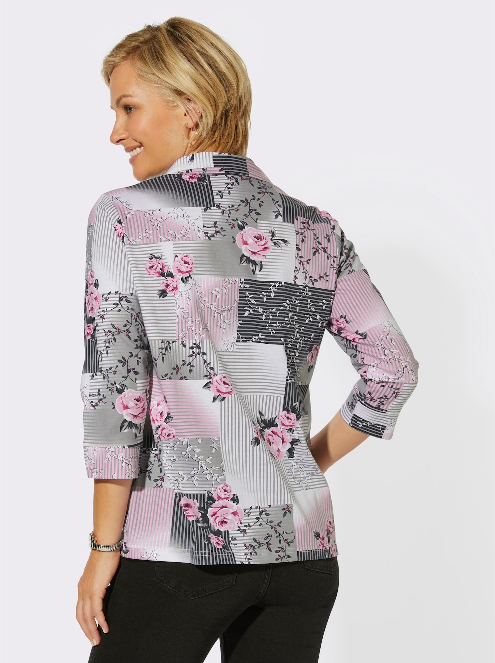 Tričko s 3/4 rukávmi a lesklými kamienkami - Ružovo-tmavosivá potlač