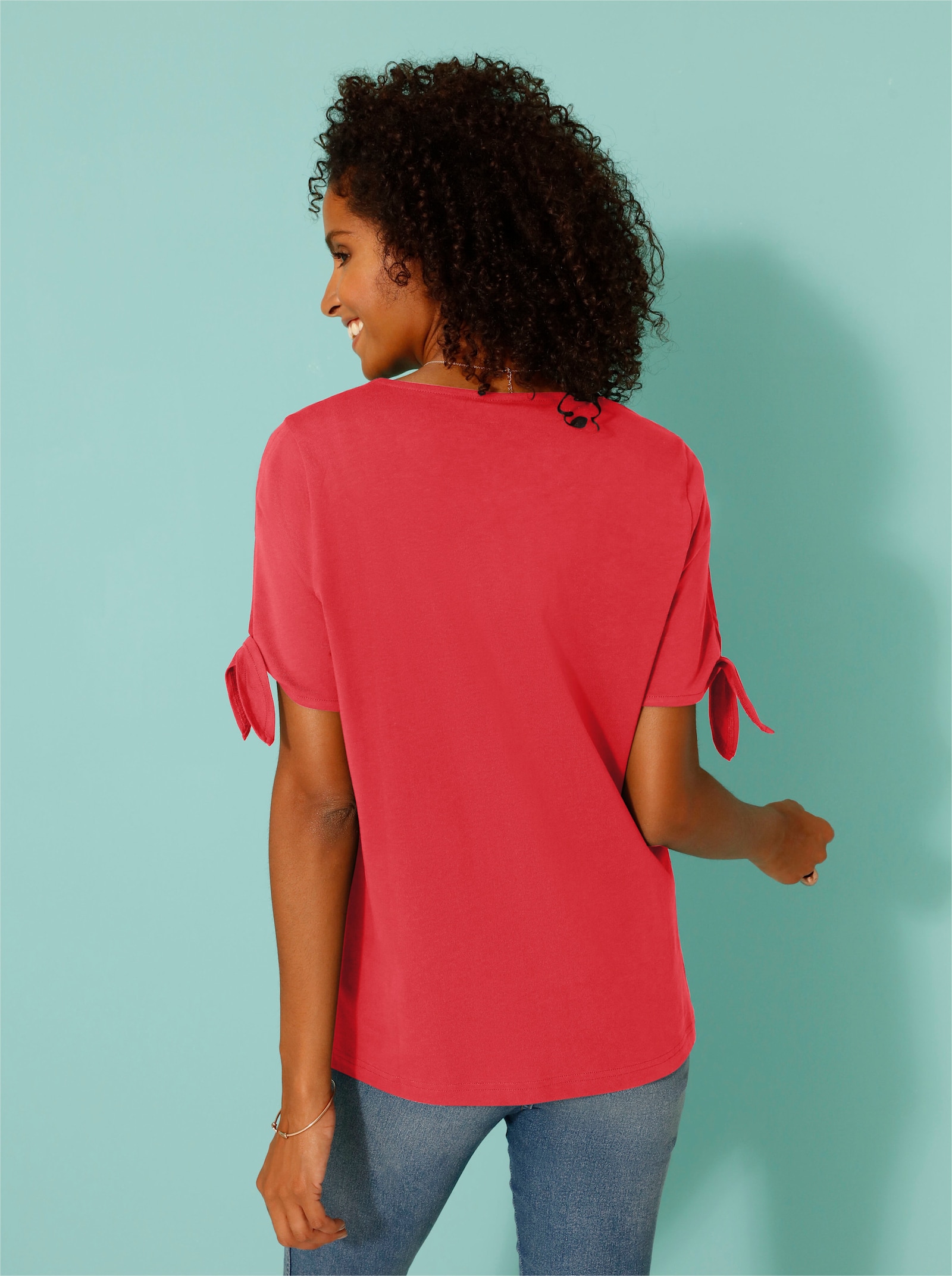 Kurzarmshirt mit Bindeband am Ärmel - korallenrot