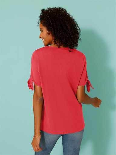 Kurzarmshirt mit Bindeband am Ärmel - korallenrot