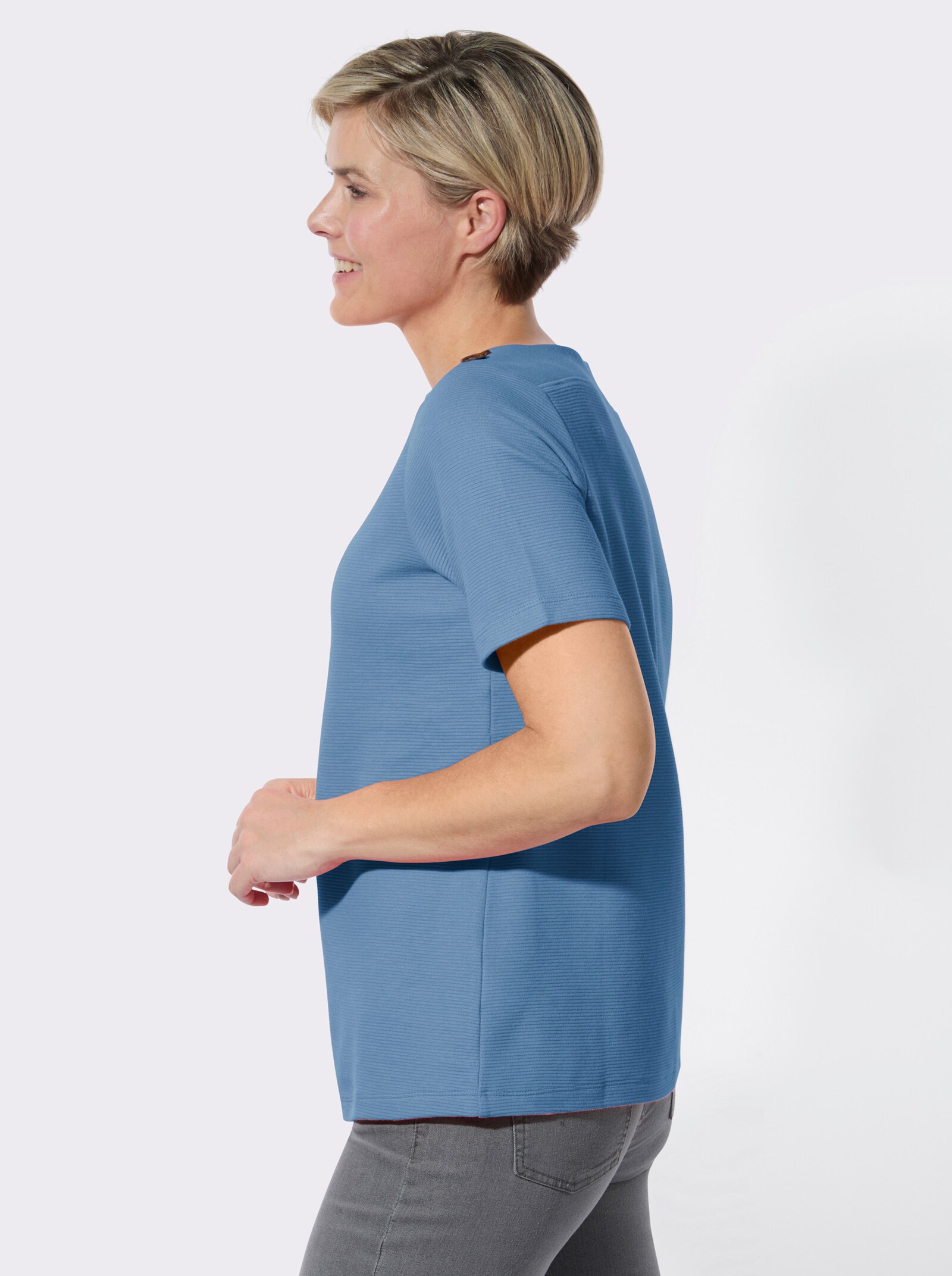 Kurzarmshirt mit Struktur-Jacquard - mittelblau