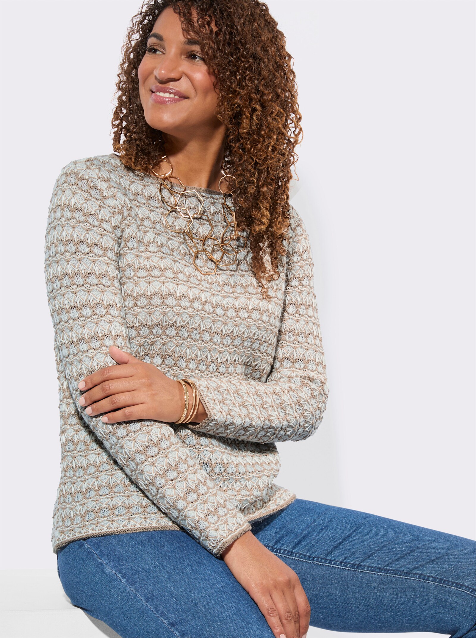 Pullover mit gebogten Abschlüssen - sesam-ecru-gemustert