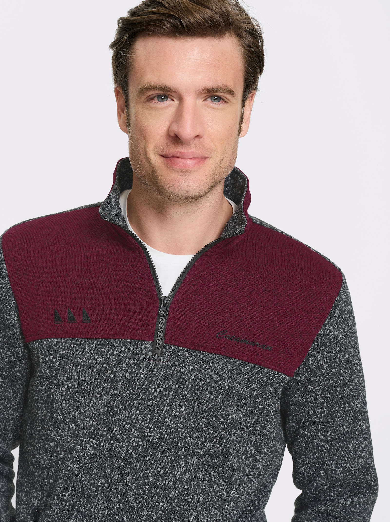 Catamaran Strickfleece-Pullover mit Stickerei - schwarz-bordeaux-meliert