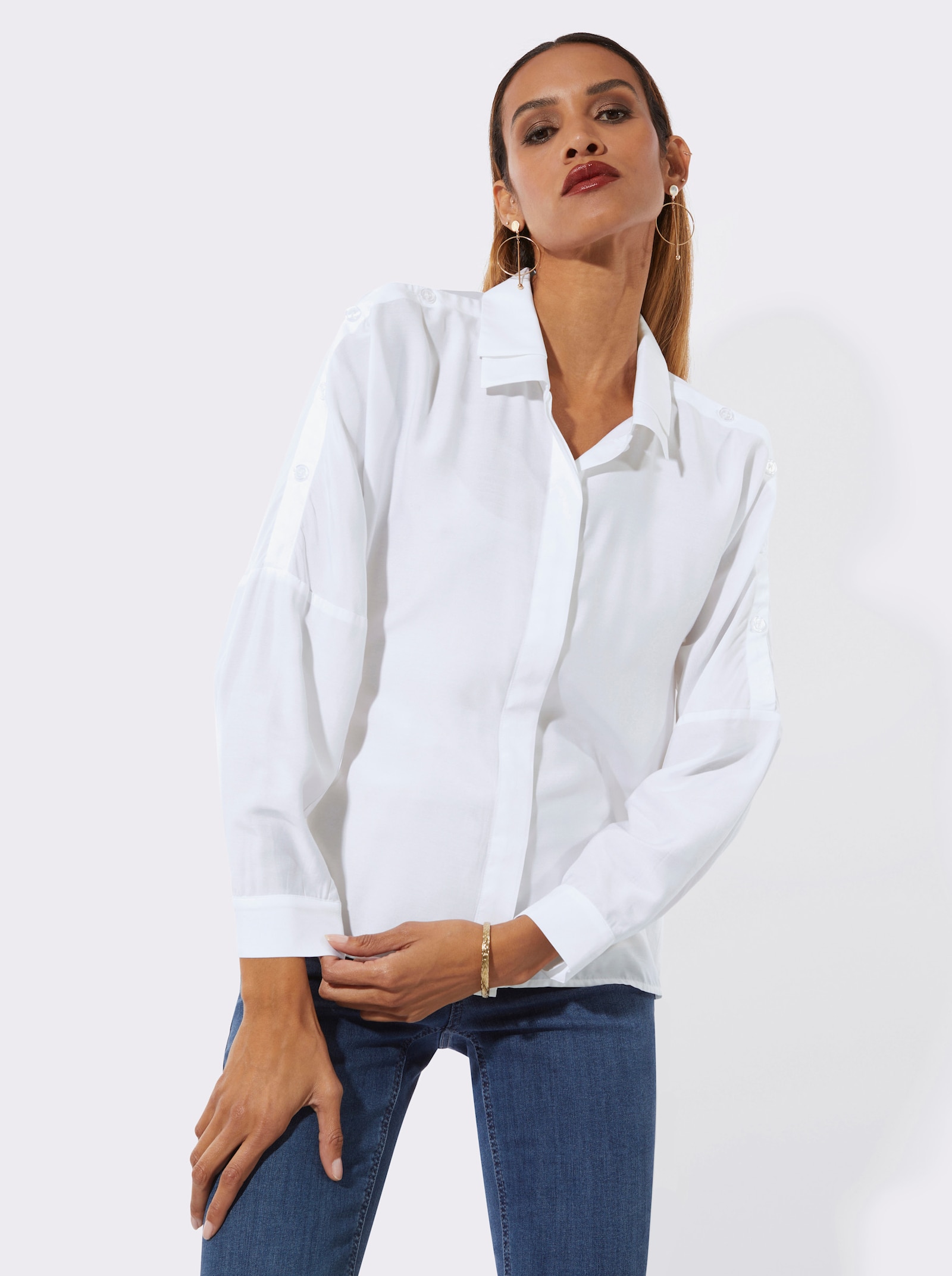 Hemdbluse mit Fledermaus-Ärmeln - weiß