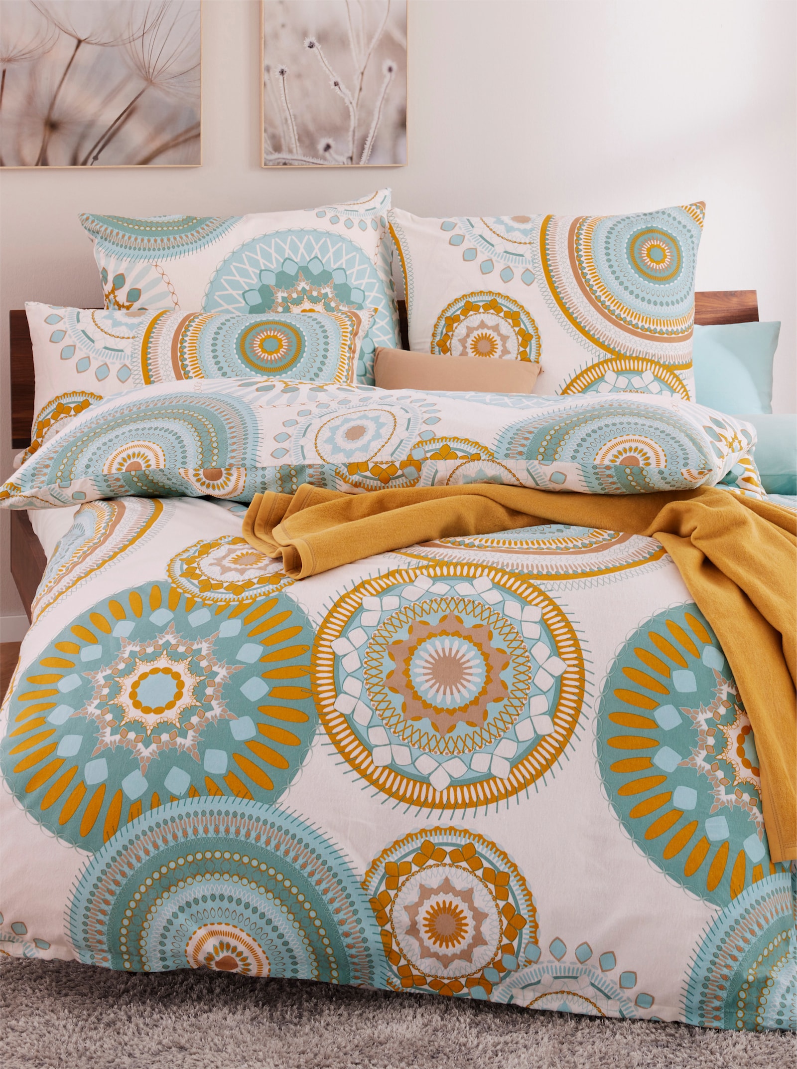 Bedtextiel - ecru/jade bedrukt