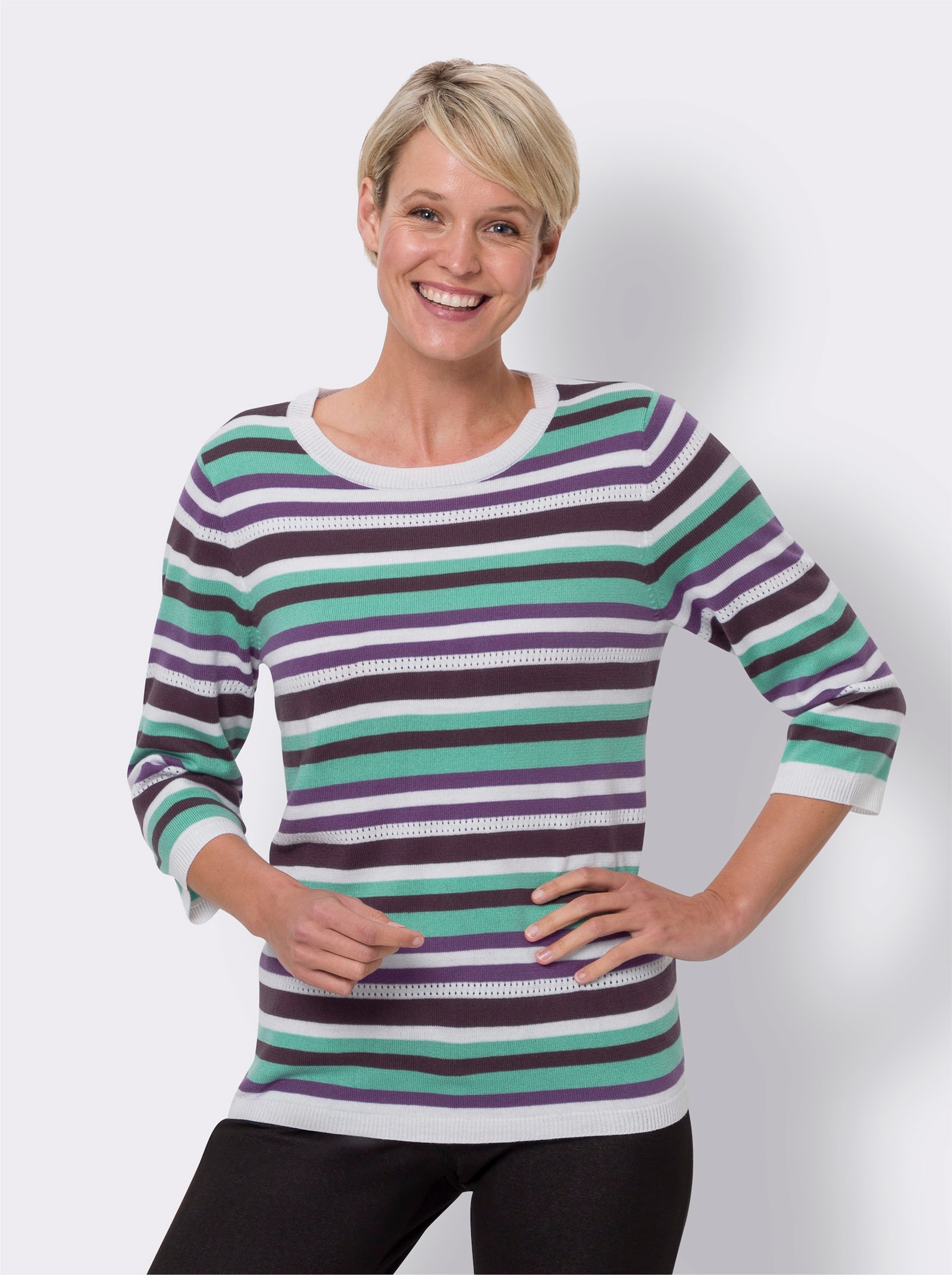 Gestreepte pullover van ajourtricot - lila/blauwgroen gestreept