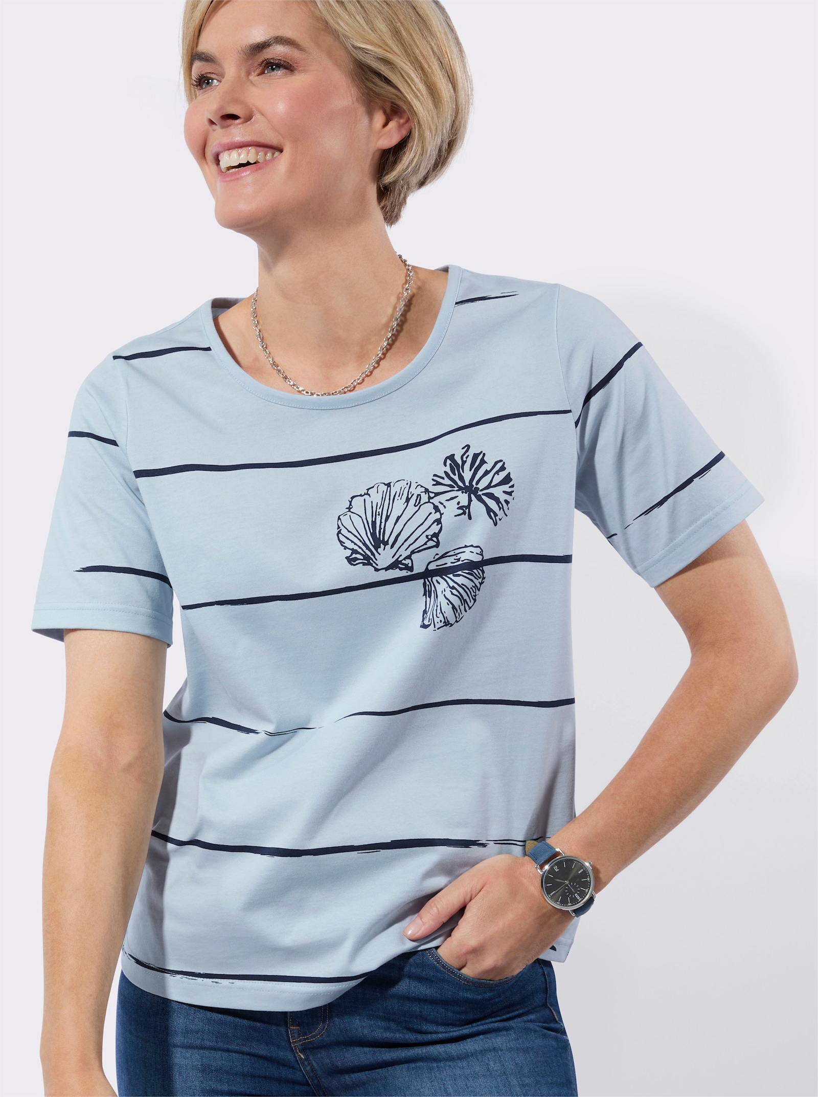 Kurzarmshirt - hellblau-marine-bedruckt