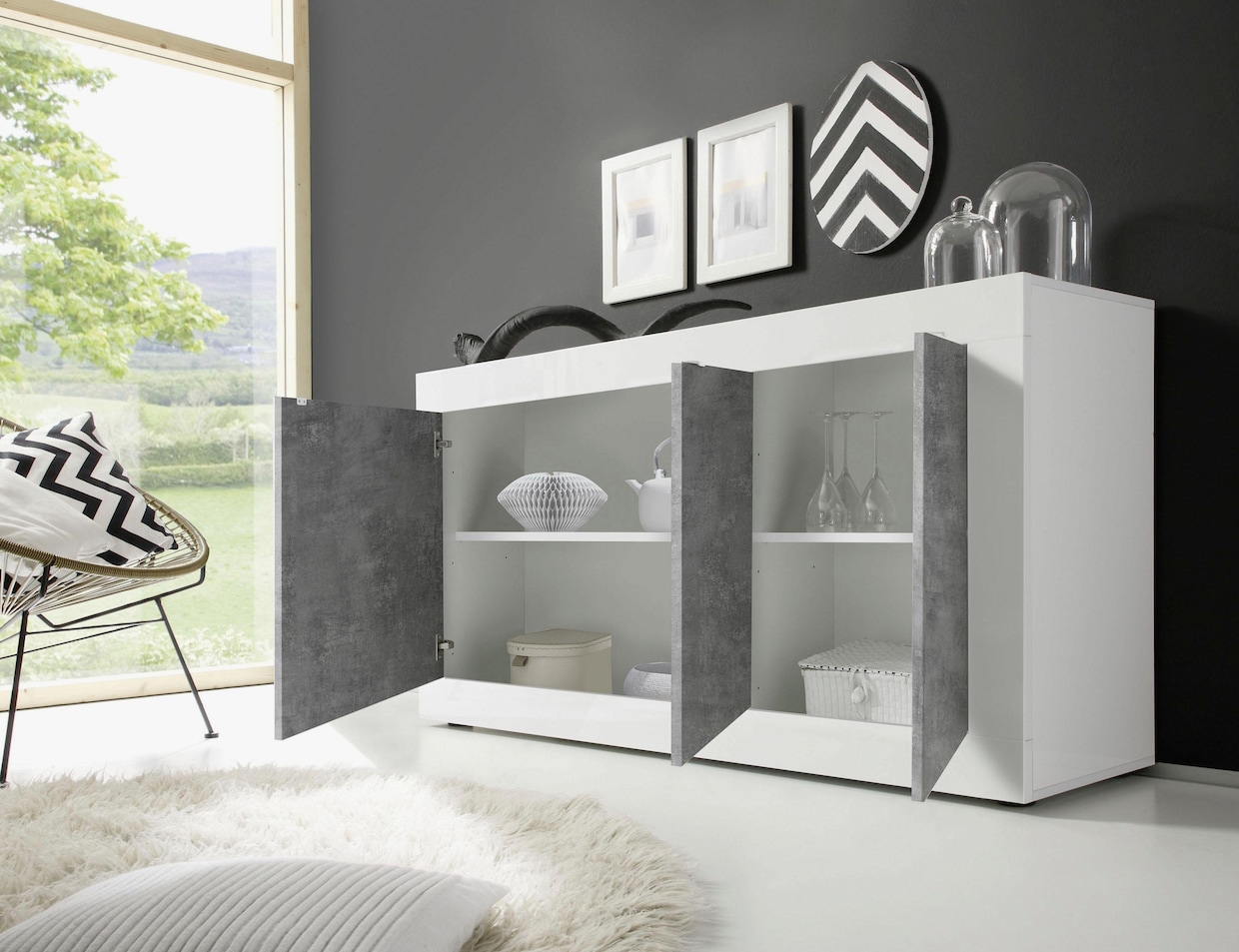INOSIGN Sideboard - weiß hochglanz lack/beton-optik
