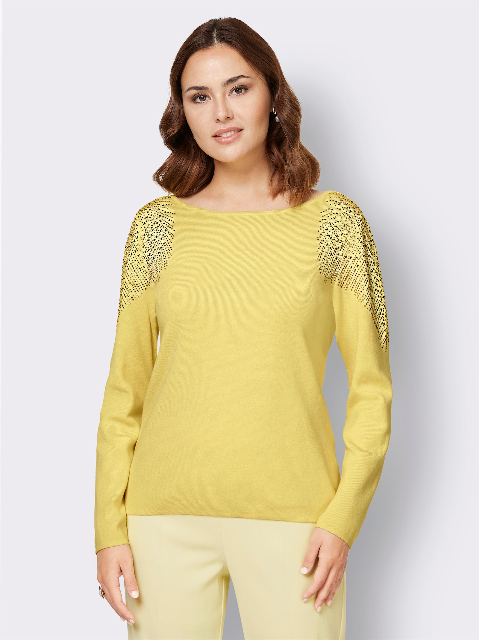 Langarm-Pullover mit Glitzersteinchen - zitrone