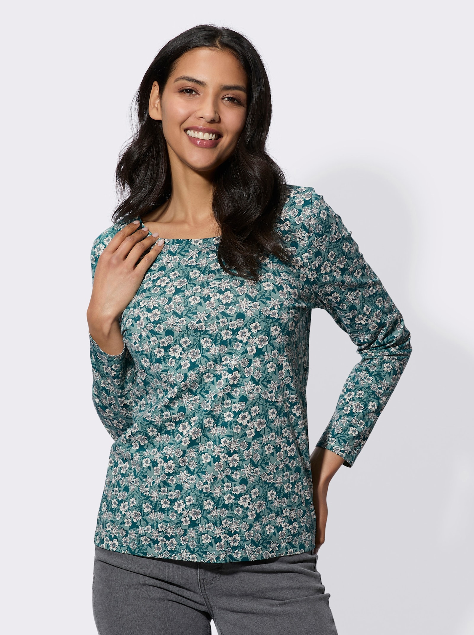 Tričko, dl.rukávy, kvet. potlač - Nefritovo-petrolejová potlač
