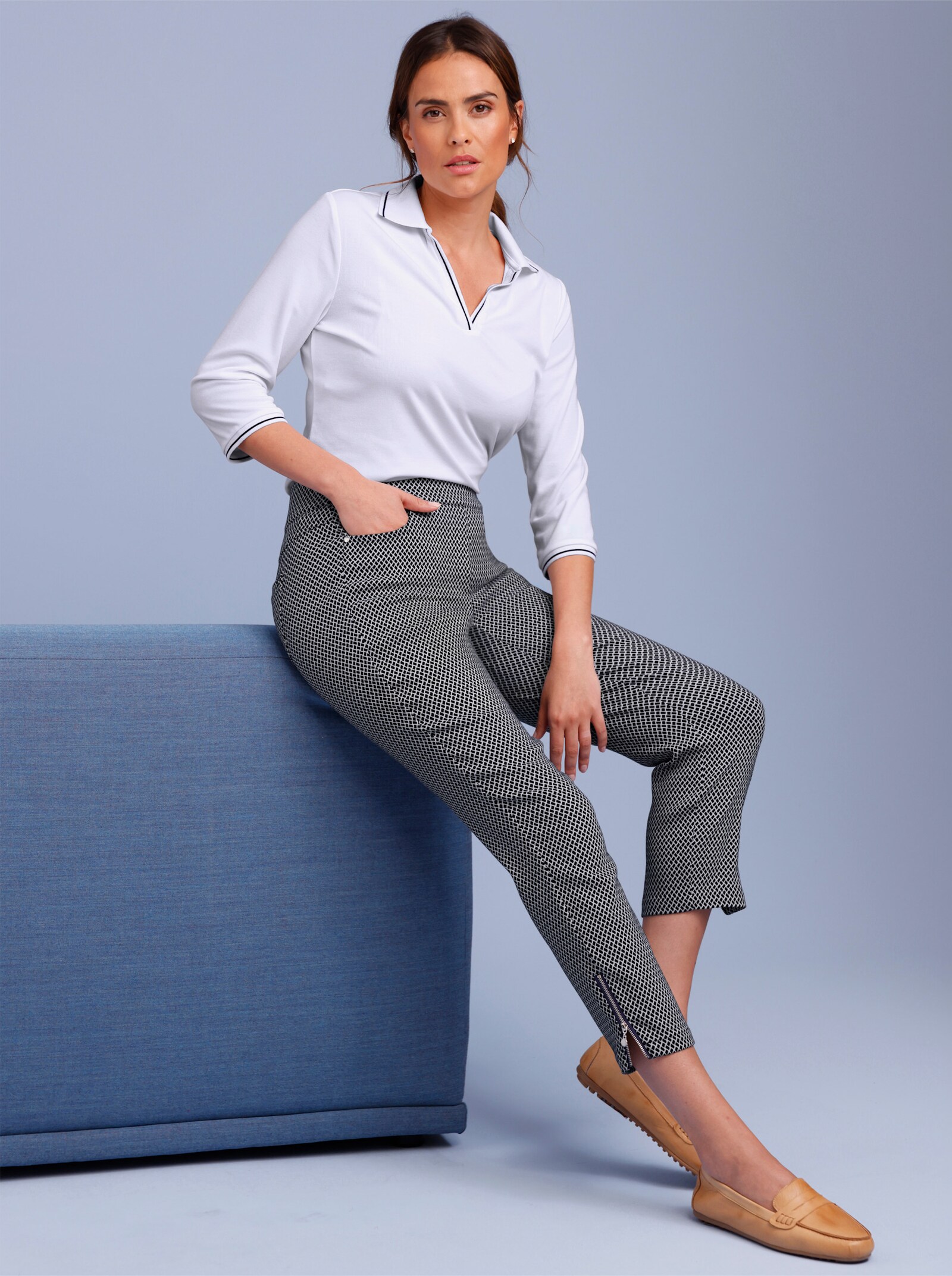 CREATION L PREMIUM Schlupfhose mit Jacquardmuster - marine-weiß-gemustert