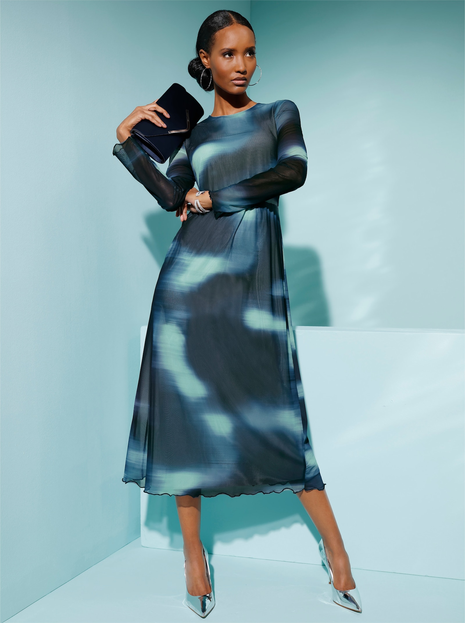 A-Linien-Kleid mit transparenten Ärmeln - marine-kalkmint-bedruckt