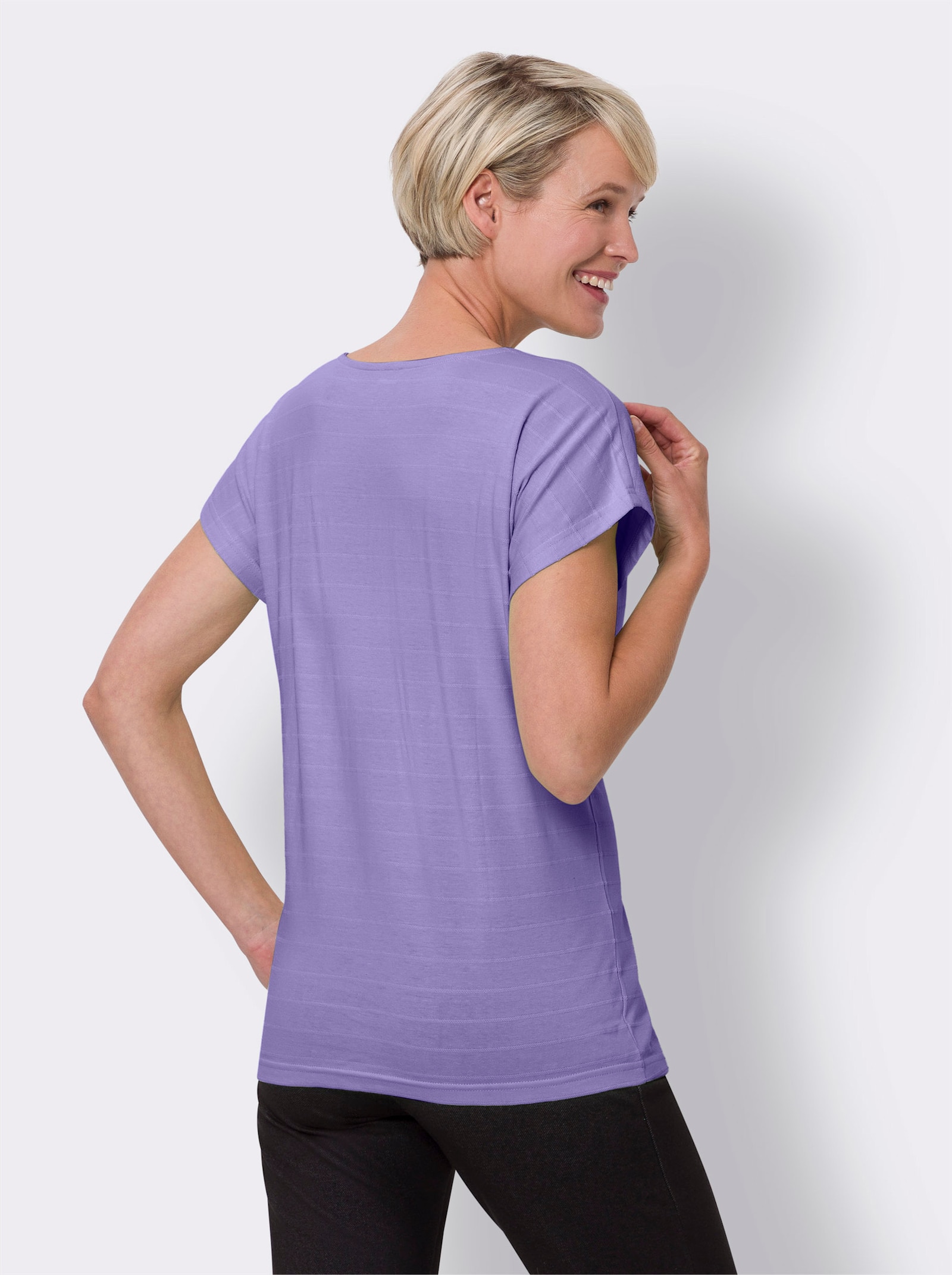 Shirt met ronde hals en gestructureerd streeppatroon - lavendel