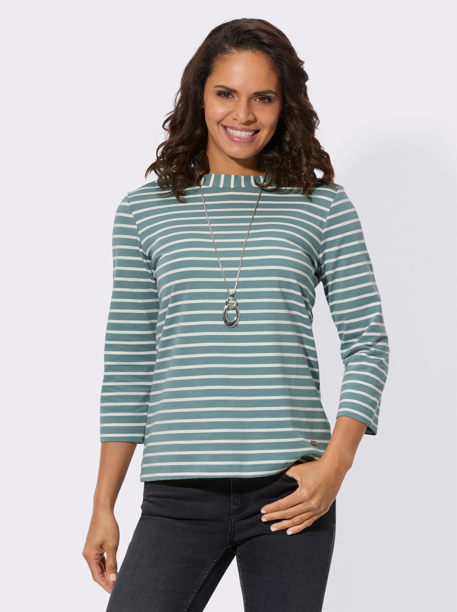 Proužkované tričko s lodičkovým výstřihem - nefritová