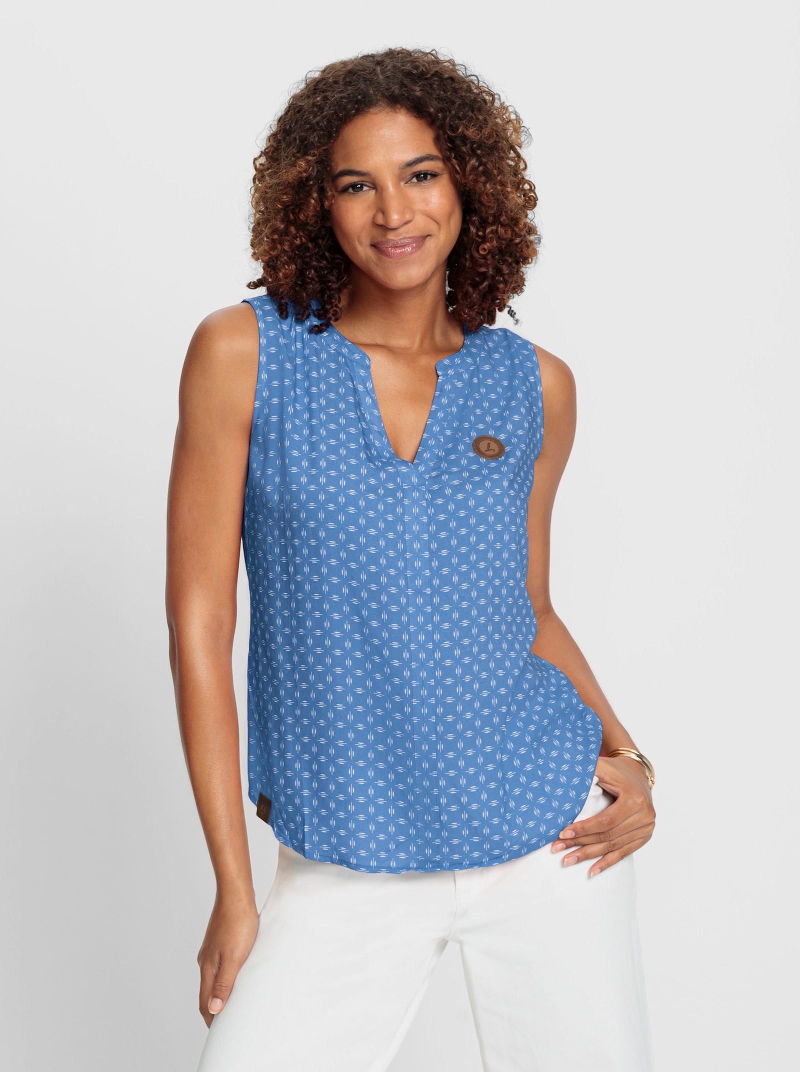 Blusentop mit Blende im Vorderteil - mittelblau-weiß-bedruckt