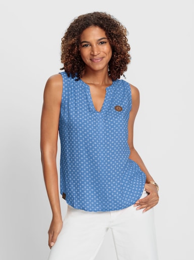 Blusentop mit Blende im Vorderteil - mittelblau-weiß-bedruckt