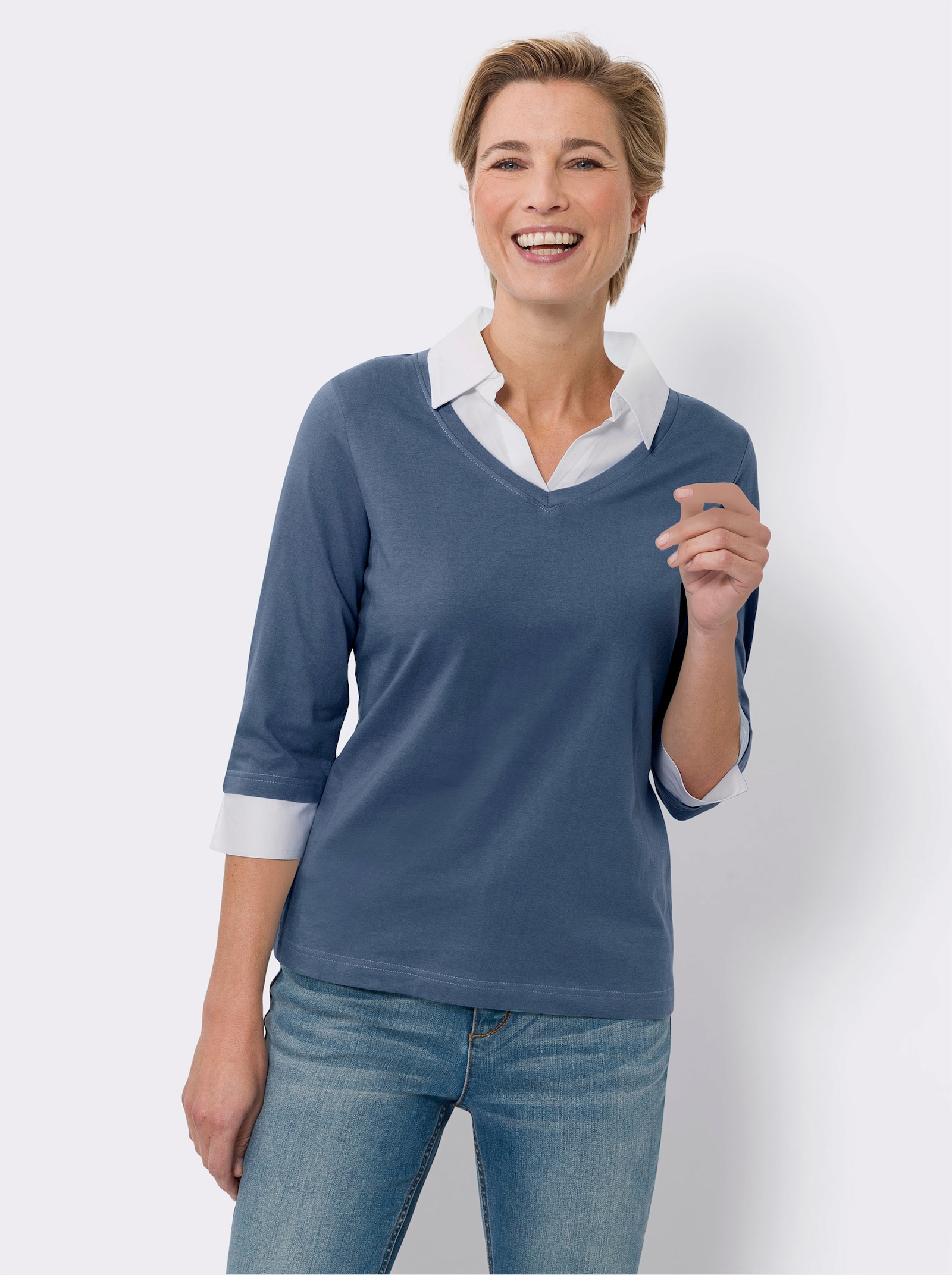 2-in-1-shirt met geweven inzet - jeansblauw