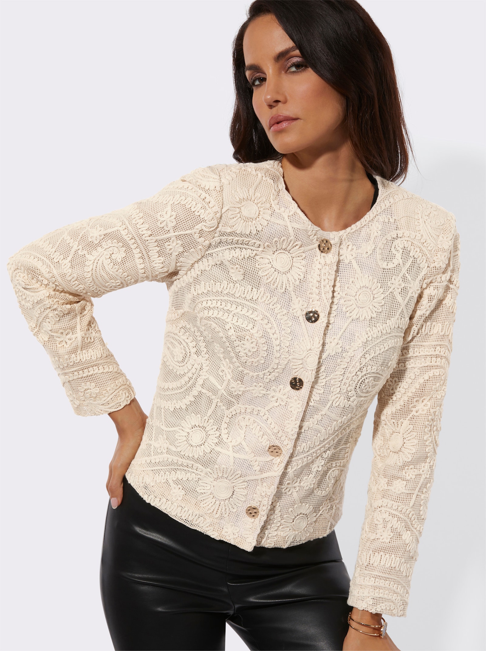 Kanten blazer met goudkleurige drukknopen - ecru