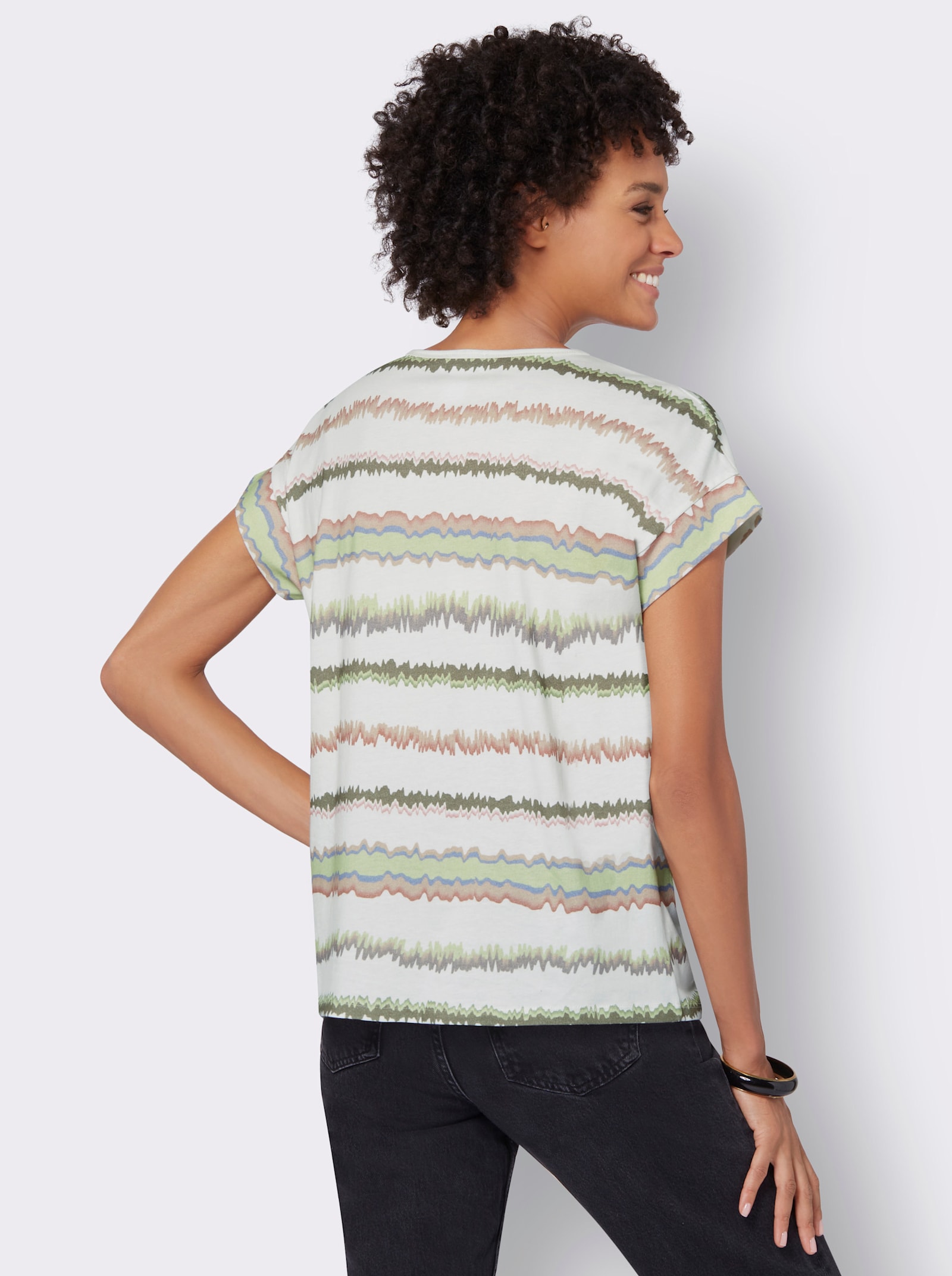 Print-Shirt mit Ziernähten, geringelt - ecru-khaki-bedruckt
